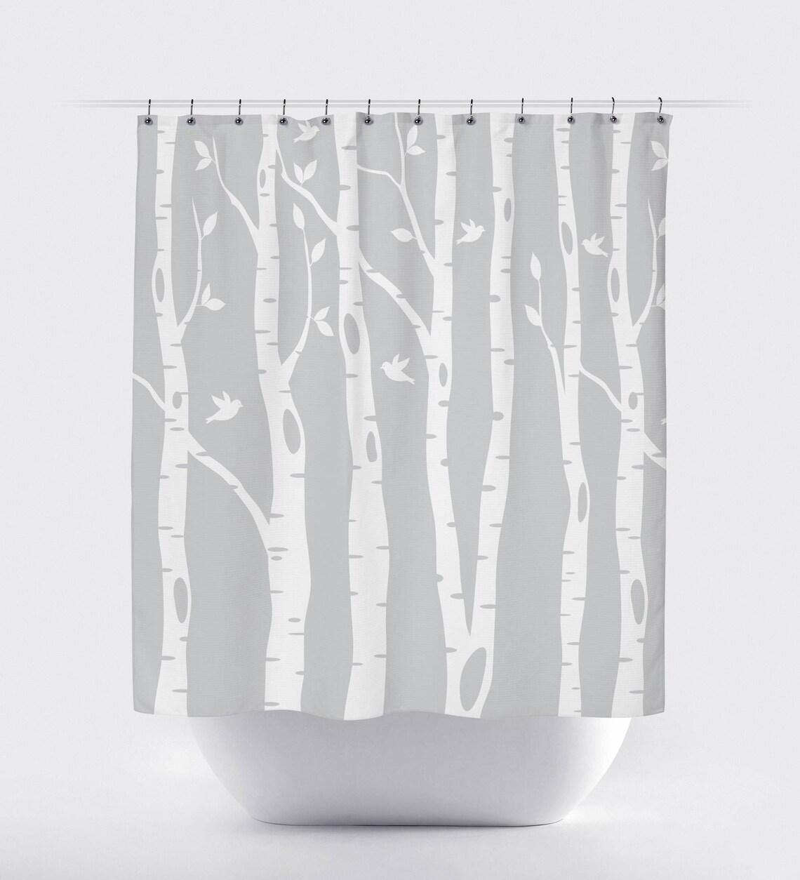 Birch Tree Shower Curtain With Birds Light Grey White OR Etsy