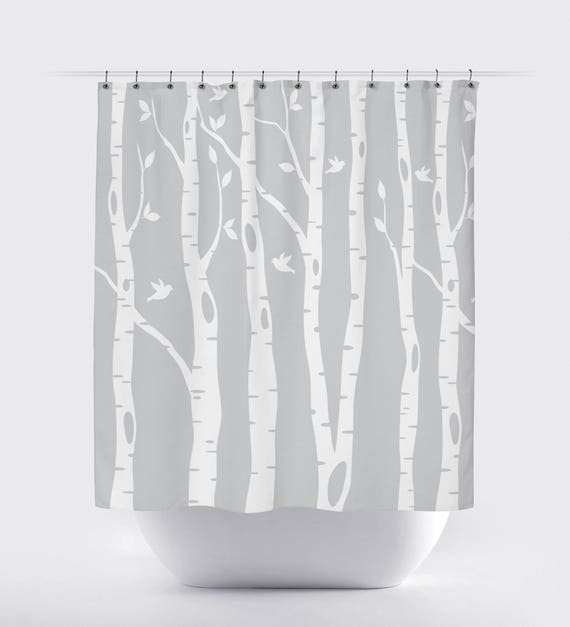 Birch Tree Shower Curtain With Birds Light Grey White Or Birch Tree Shower Curtain With Birds, Light Grey Shower Curtain