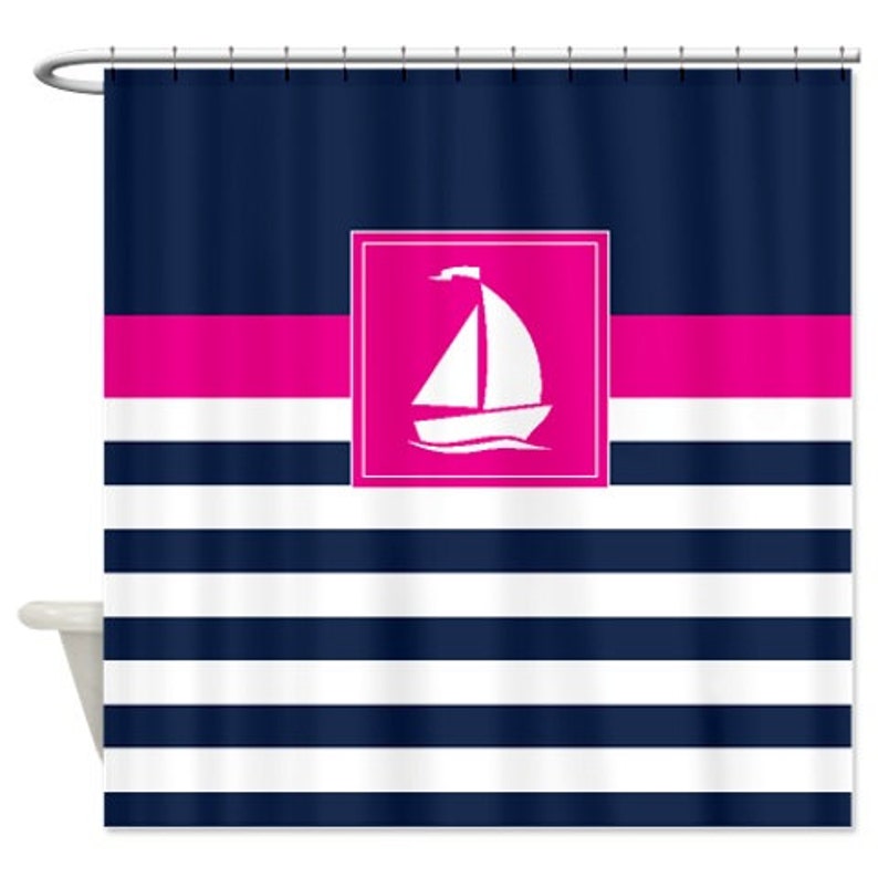 Nautical Shower Curtainpreppy Stripes With Sailboat Navy Etsy
