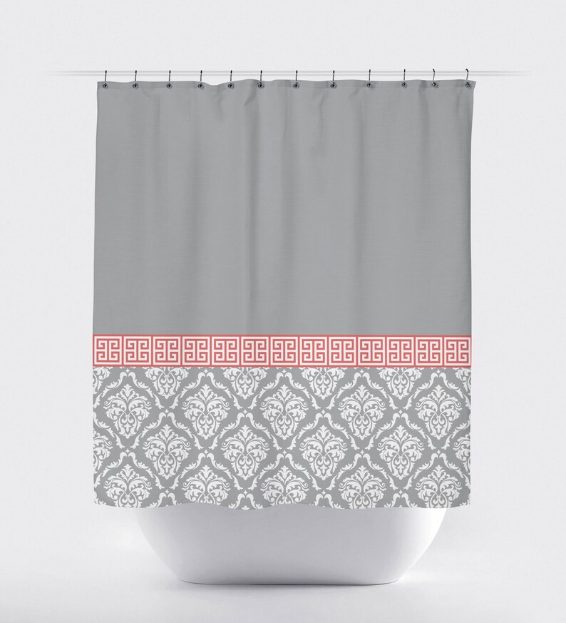 Damask And Greek Key Shower Curtain Grey Coral White Or Etsy