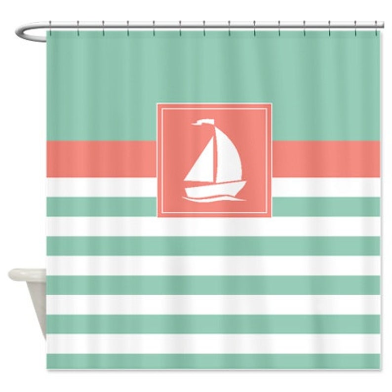Nautical Shower Curtainpreppy Stripes With Sailboat Navy Etsy