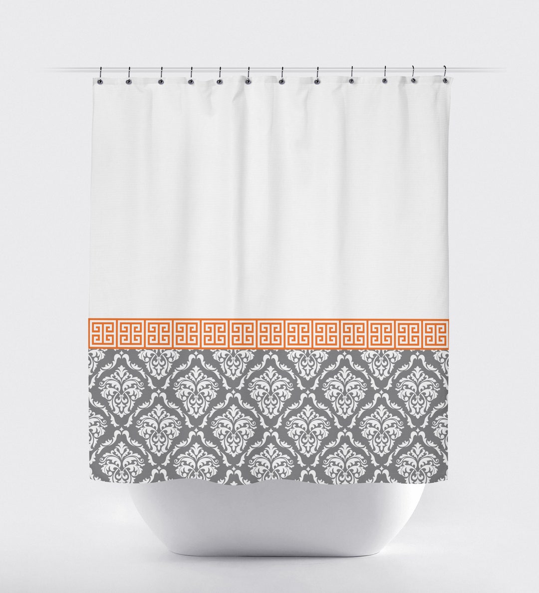 Damask and Greek Key Shower Curtain Dark Grey Orange White Etsy