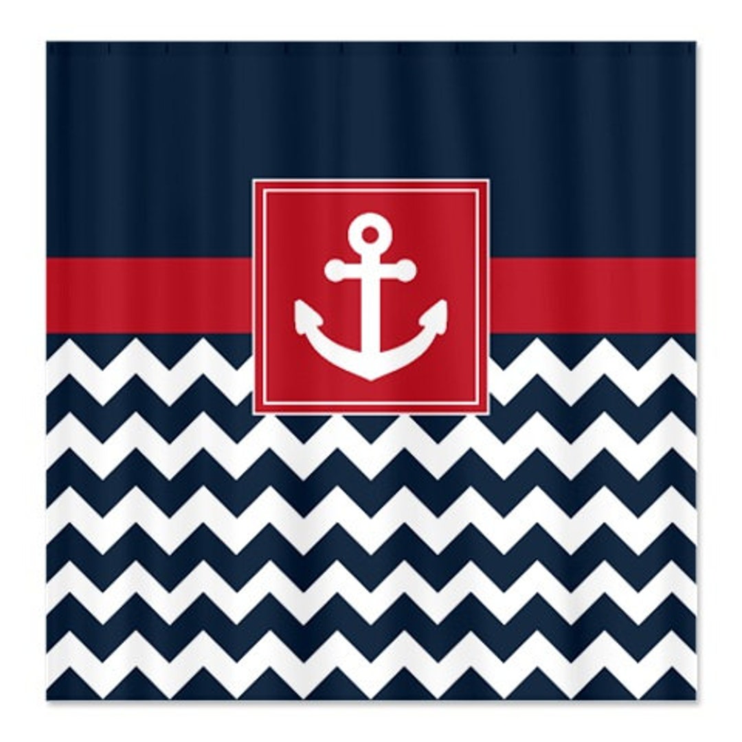 Nautical Shower Curtainnavy and White Chevronbrick Red Etsy