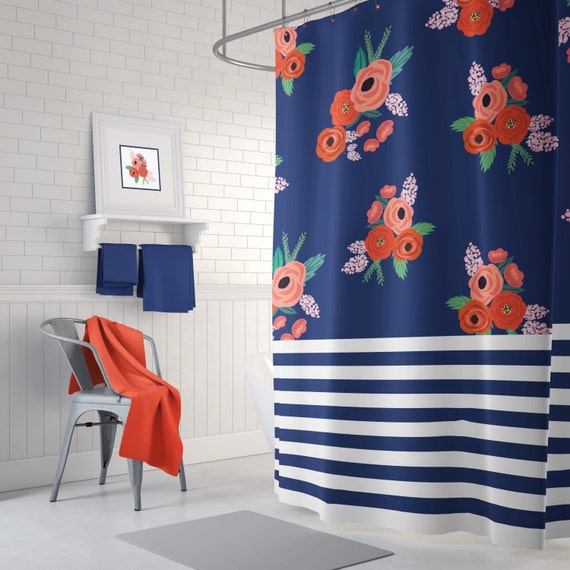 Stripes And Fl Shower Curtain Navy Blue C Red Stripes And Fl Shower Curtain Navy, Navy Stripe Shower Curtain