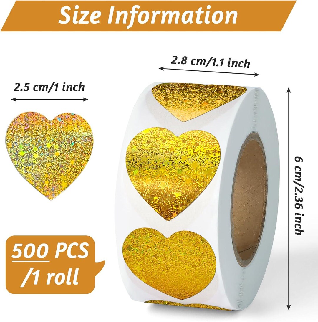 Gift Sticker Labels Gold 500 Label Roll Gold Glittery Heart Stickers, Adhesive Gold Metallic Art ...