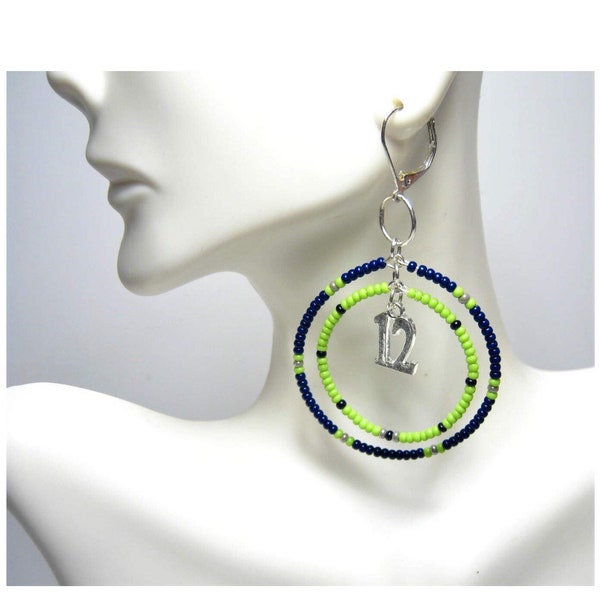 3 inch long Seattle Football Fan 12th Man Woman Action Green Navy Grey accent Seahawks Gift Jewelry Big Hoop Earrings