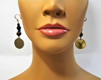 Gold Coin Drop Vintage Black Onyx Accent BOHO Hippie Style Dangle Drop Earrings  2.25 inch long