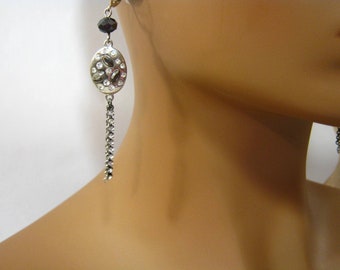 Silver Black Vintage Rhinestone Crystal Long Chain Drop Dangle Earrings 3 inch