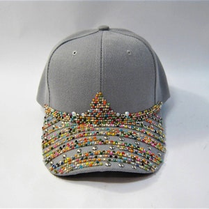 Gray Fashion Glam Baseball Trucker Cap Hat with Rhinestone Crystal Colorful  Beaded Bling