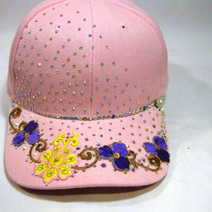 Rhinestone Accent Pink Floral Hip Hop Casual Streetwear Activewear Ladies Bling Baseball Cap Hat