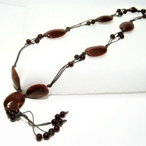 Chocolate Brown Striped Agate Tassel Casual BOHO Hippie style Drop Necklace 24 inch