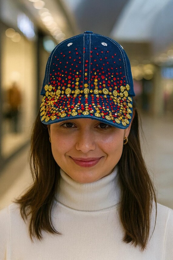 Red Denim Embellished Cap Cotton Denim Bling Baseball Cap Jesus Beaded and Embellished  main image 4