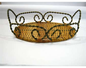 Older Vintage Wicker Decorative Antiqued Iron Vanity Tray Tabletop Basket  11x8 inch