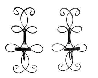 Ornate Black Iron Wall Sconce Candle Holders Set Of 2 Scroll Design 16" Tall