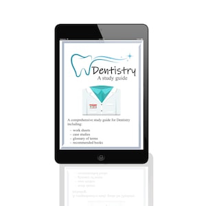 Puede incluir: Una tableta digital que muestra una guía de estudio para odontología. La guía incluye hojas de trabajo, estudios de casos, un glosario de términos y libros recomendados. La guía se titula "Dentistry: A study guide".