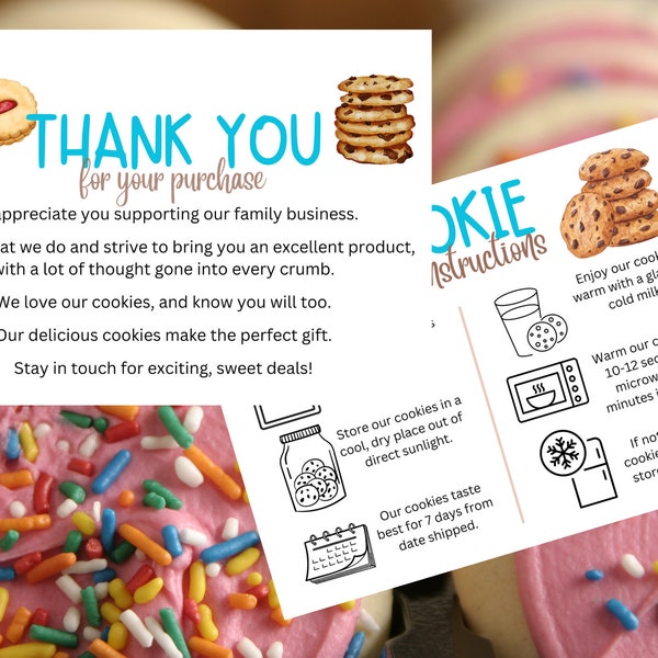 Cookie Care Card and 'Thank you' card for bakery / cookie making business professional PRINTABLE Template A5 size, DIGITAL Download & print