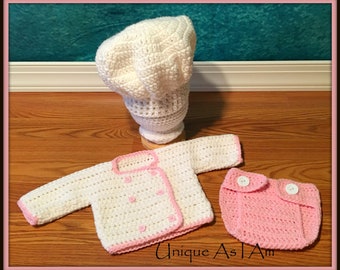 PATTERN ONLY...Crochet Baby Chef Jacket, Hat and Diaper cover, Newborn Size Pattern