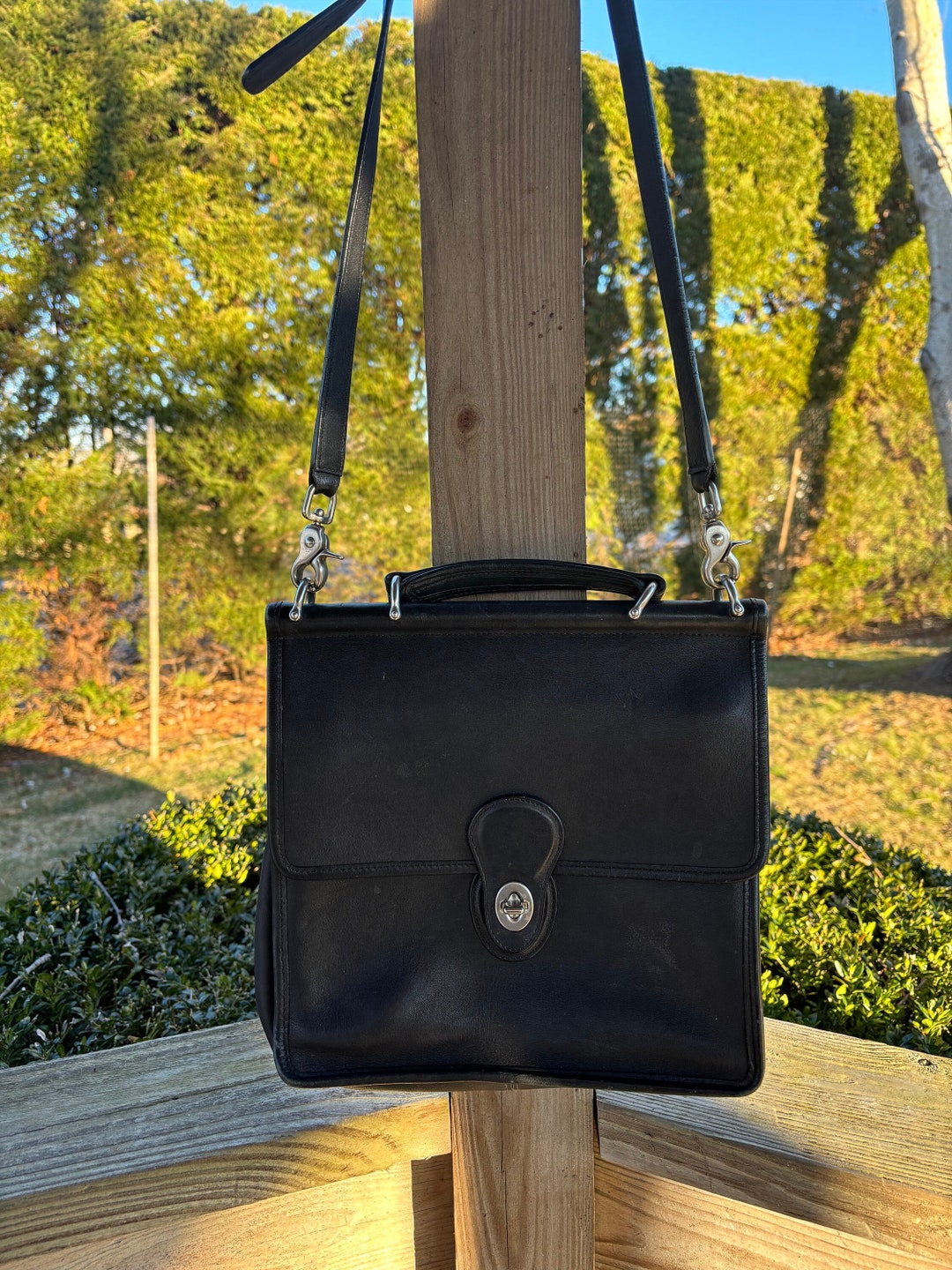 Vintage Coach Handbag, Willis, Black Leather, Moto Style, Crossbody