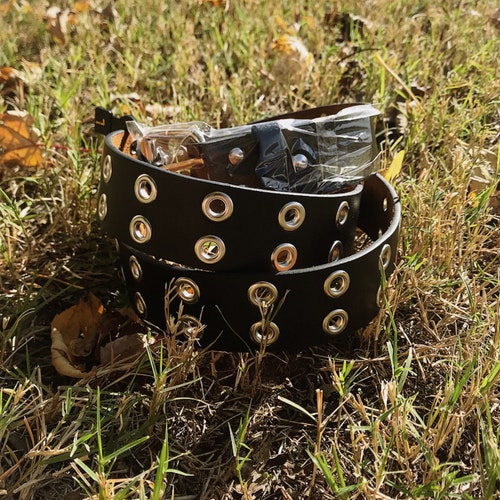 Black Leather Double Row Thick Grommet Belt Punk