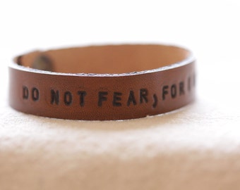 Leather Band, Leather Cuff, Leather Custom, Leather stamp, Hand stamped, Leather Bracelet , Scripture bracelet, Do Not Fear, Faith bracelet