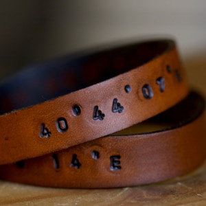Leather Bracelet,Leather Wrap Bracelet, Hand Stamped Leather, Coordinates Bracelet, Custom Bracelet stamped with coordinates of your choice-