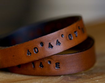 Hand Stamped Leather Wrap Bracelet, Custom Coordinates Jewelry