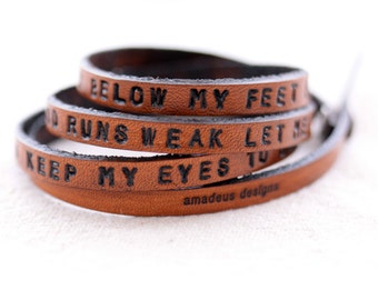 Hand stamped multi wrap leather bracelet Keep the earth below my feet  Mumford and Sons Lyric