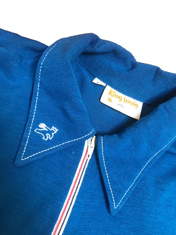 Vintage 1970s Mens Bowling Shirt - Blue Knit Zip … - image 4