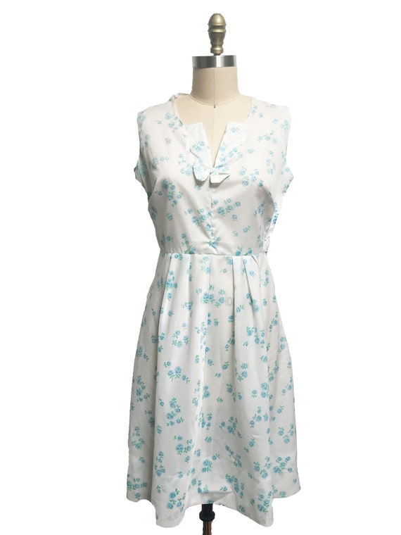1950s Blue Rose White Polka Dot Sheer Floral Dres… - image 2