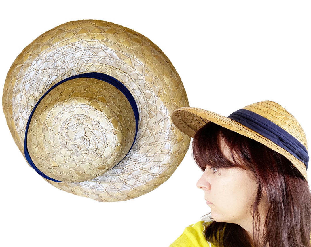 Vintage 1940s Straw Hat - Bonnet Halo Large Brim Summer Navy  display picture 3