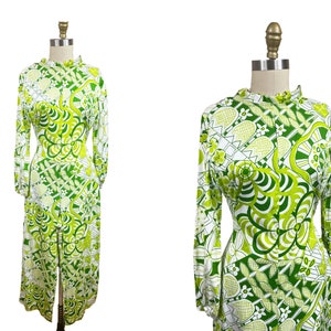 Vintage 1960s Psychedelic Jumpsuit Green Chartreuse White Long Sleeve Tulip Floral Flower Size: XS