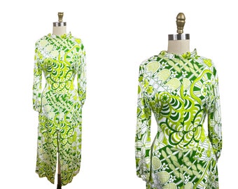 Vintage 1960s Psychedelic Jumpsuit Green Chartreuse White Long Sleeve Tulip Floral Flower Size: XS