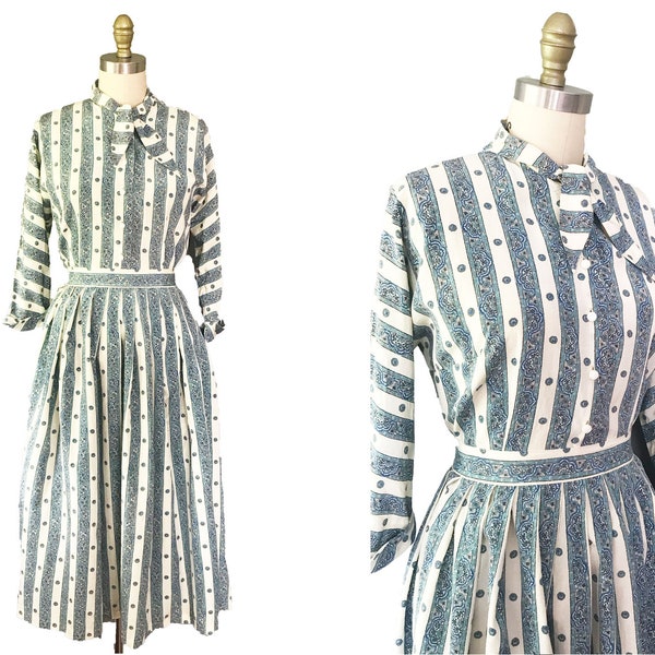 Vintage 1950s Set: 2PC Blouse with Matching Skirt Blue White Green Paisley Striped Print Waist 28"