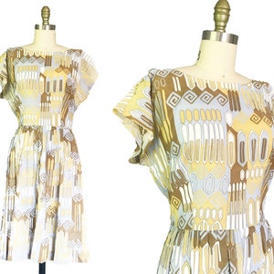 Vintage 1950s 1960s Dress - Geometric Brown Yellow Blue Printed Summer Neusteters Dress Waist-29&quot;