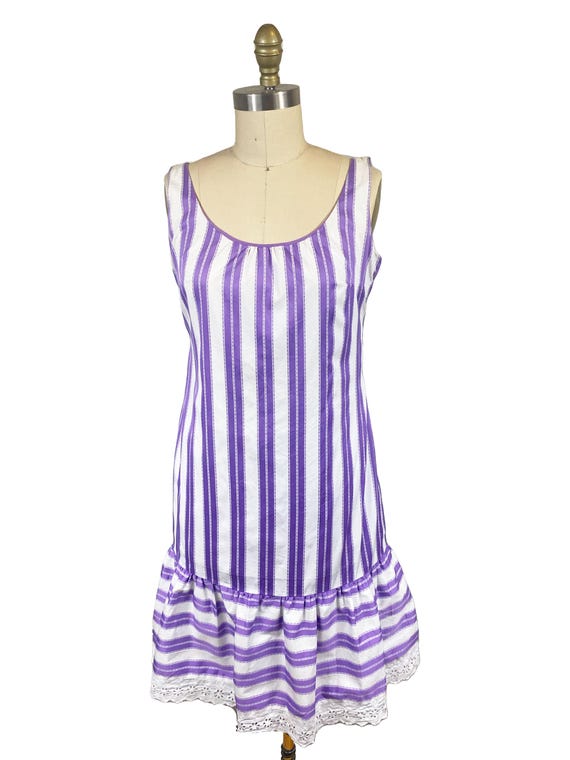 Vintage 1960s Purple Striped Dress - White Lace Eyelet Summer Beach A-Line Size: Small Medium Vintage 1960s Purple Striped Dress - White Lace Eyelet Summer Beach A-Line Size: Small Medium