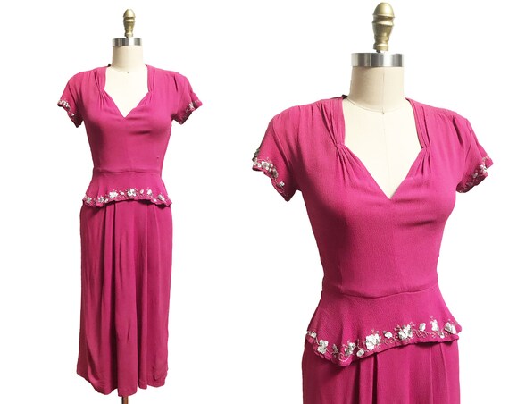 Vintage 1940s Crepe Dress - Raspberry Silver Sequi