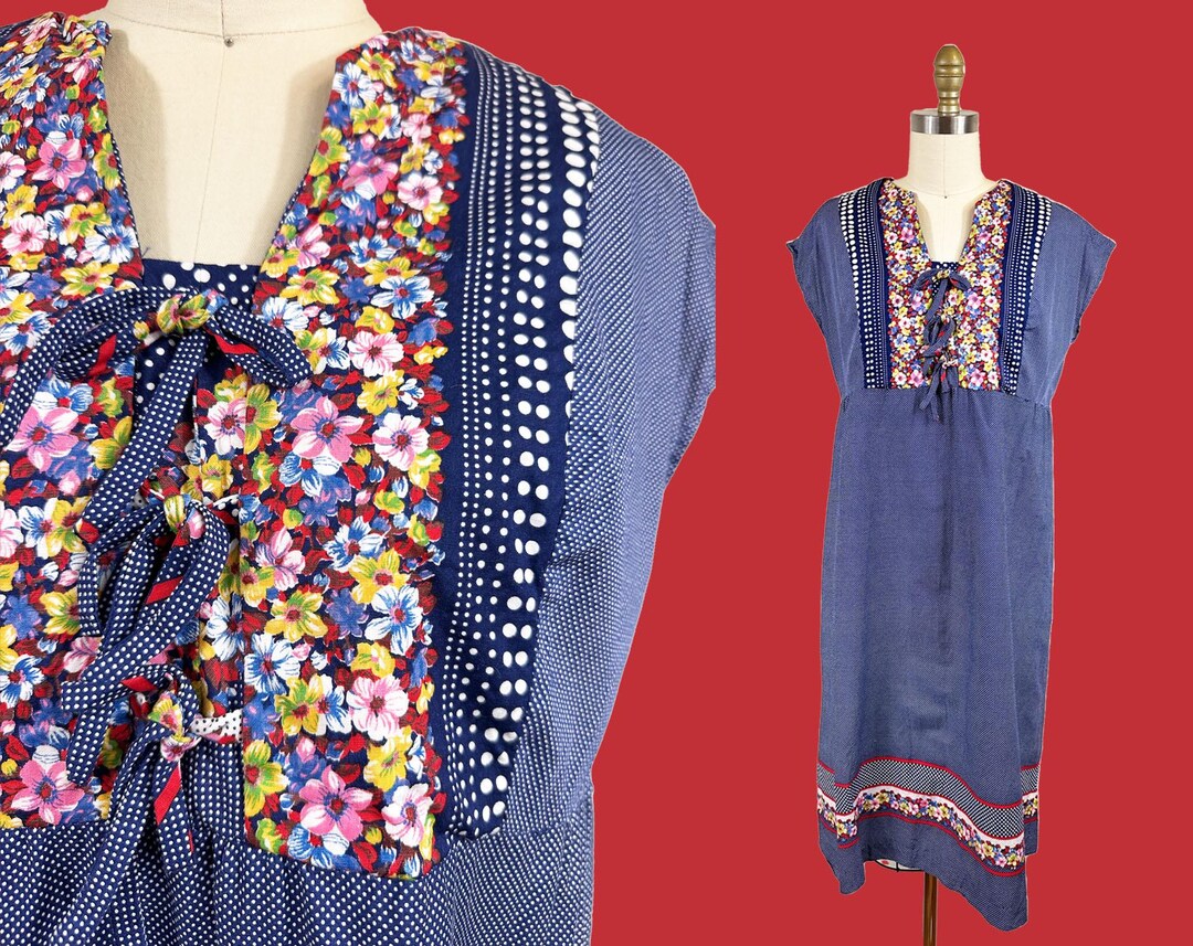 Vintage 1970s Polka Dot Floral Dress - Navy Blue Red Floral Cotton ...