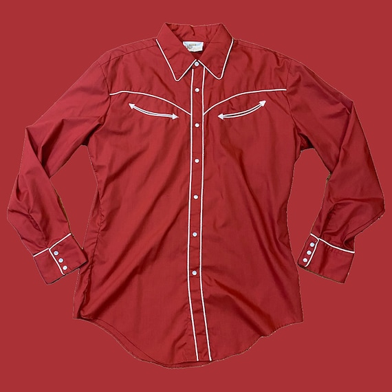 Chemise western unie vintage : bouton-pression cowboy rouge nacré des années 90, grande