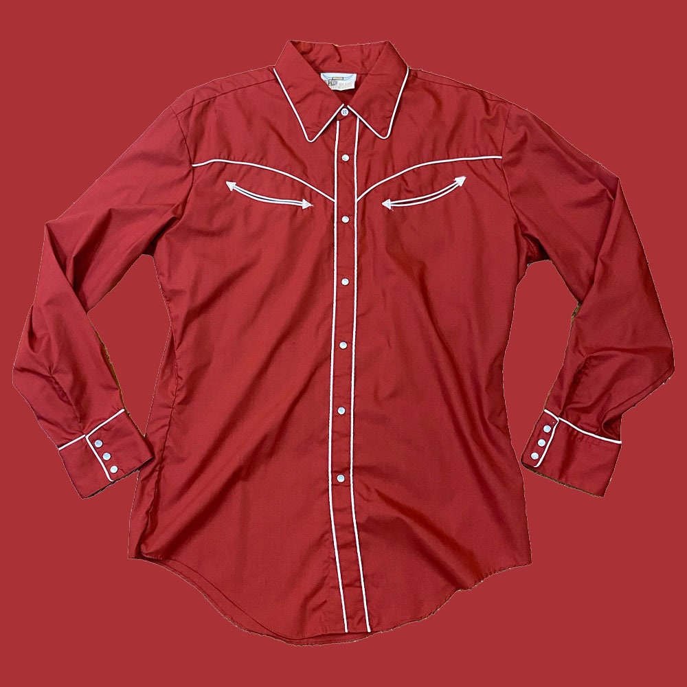 Vintage 1980s Mens Western Shirt - Rust Orange White Piping Cowboy