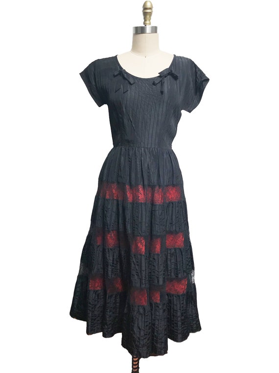 Vintage 1950s Black Red Lace Dress - Full Skirt S… - image 2