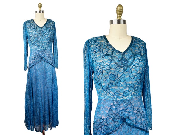 Vintage 1940s Blue Lace Beaded Gown - Long sleeve… - image 1