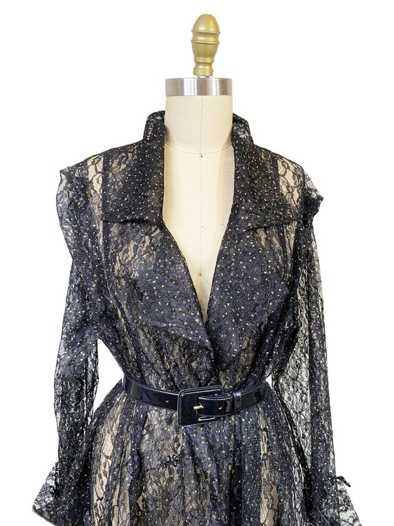 Vintage 1980s Black Lace Blazer - Gold Glitter Po… - image 3