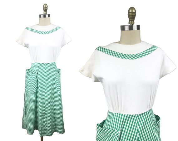 Vintage 1940s Green White Gingham Dress - Summer … - image 1