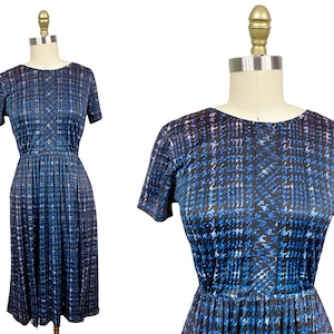 Vintage 1950s 1960s Blue Navy Purple Plaid Dress - Everyday Waist:24" - 26"