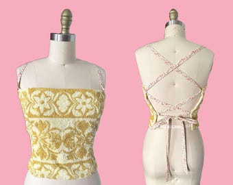 Handmade Upcycled 1970s Yellow Towel Halter Top - Tie Floral Pink Cotton Lining  Medium