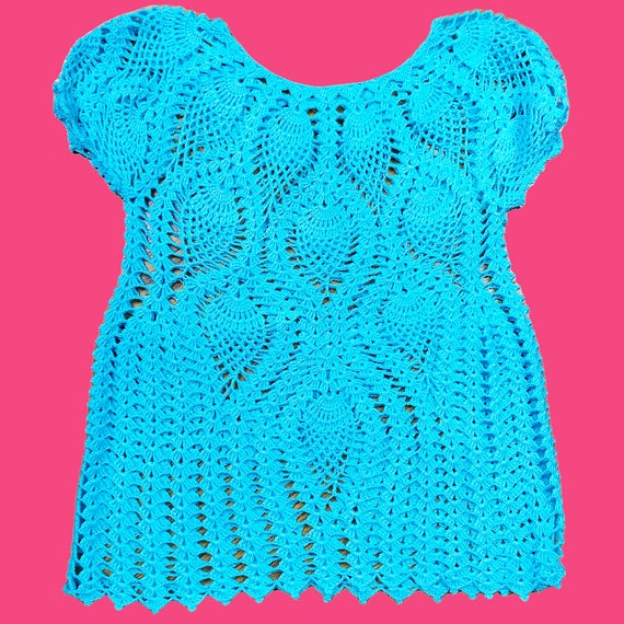 Vintage 1970s Blue Crochet Knit Top; Peacock Eyes… - image 6