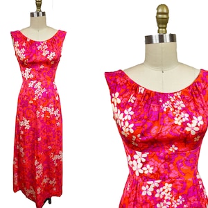 Vintage 1970s Hawaii Kleid Pink Neon Orange Tike Bark Cloth Blumen Kleid Taille: 66cm