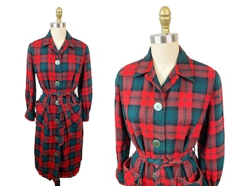 Vintage 1940s Rare 49er Pendleton Long Coat Dress - Red Green Plaid Wool Jacket Size: Medium / Large