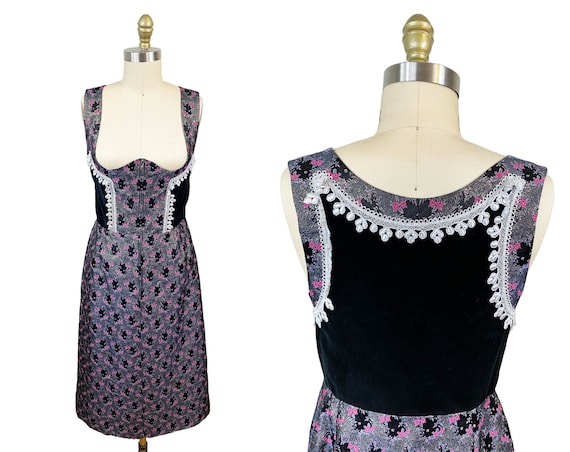 Vintage Dirndl Dress - Black Velvet Pink Brocade … - image 1
