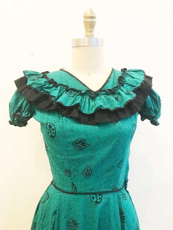 RARE Vintage 1940s Teal Black Dress Cotton Long D… - image 3